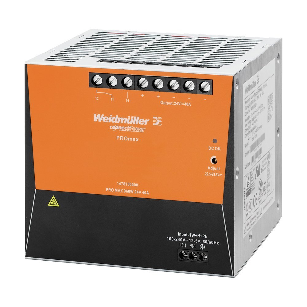 Fuente de alimentación Weidmüller PROmax sobre fondo blanco