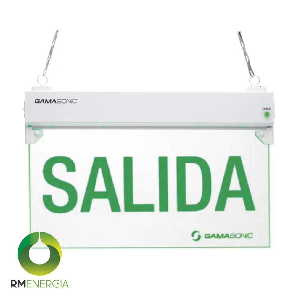Señaletica-de-Emergencia-Fondo-Trasparente-Letras-Verdes-Salida-(GX05C) Señalética de Emergencia LED con Imagen de Salida - Doble Vista — RM Energía Inteligente