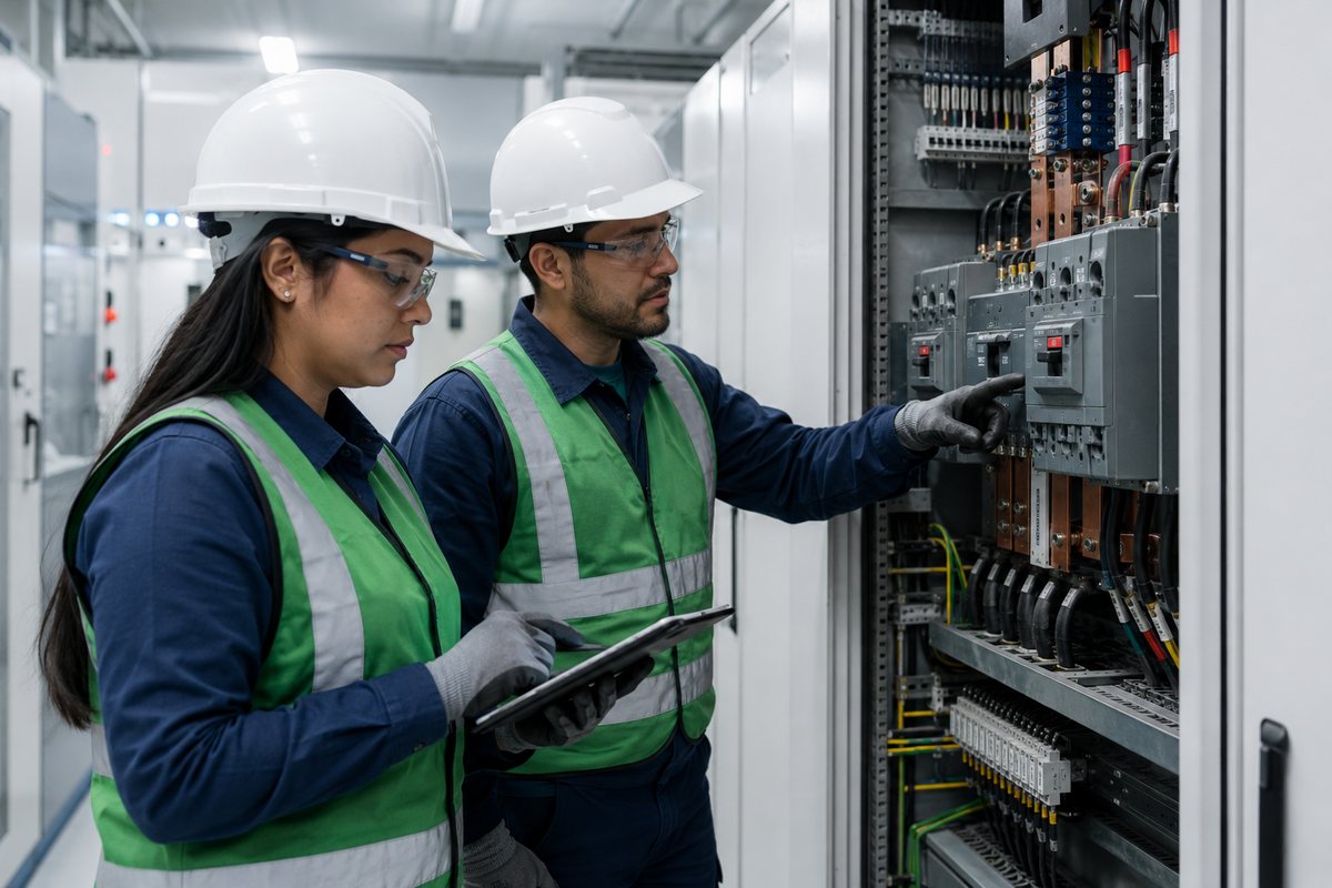 Dos especialistas con casco y chaleco reflectante revisando un tablero eléctrico industrial abierto, uno señalando un interruptor y otra tomando registro en una tablet