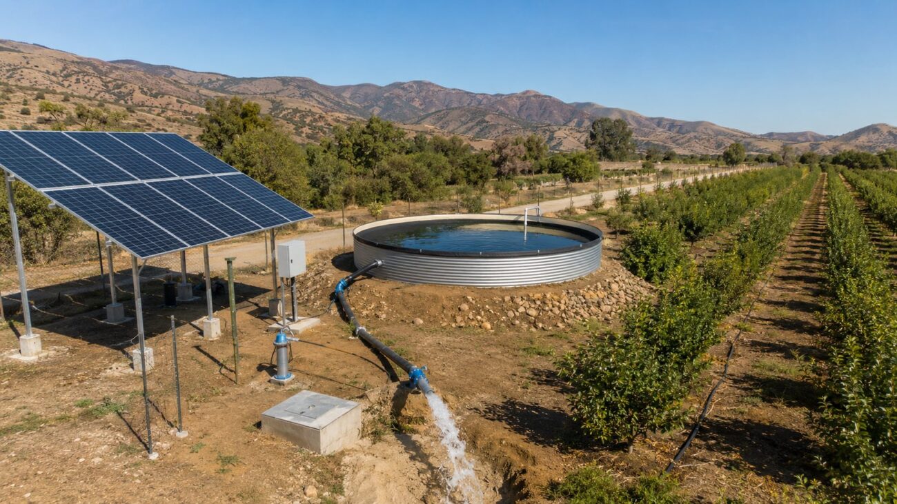 En RM Energía somos especialistas en Iluminación LED, Energía Solar y Materiales Eléctricos en Chile... | Comprar en RM Energía Sistema de bombeo solar descargando agua en un estanque de acumulación junto a un huerto, con arreglo fotovoltaico y bomba sumergible