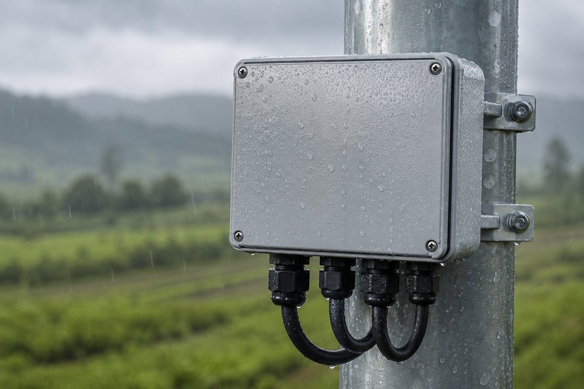 Caja de conexiones eléctrica montada en un poste bajo la lluvia, con prensaestopas en las entradas de cable y campo al fondo