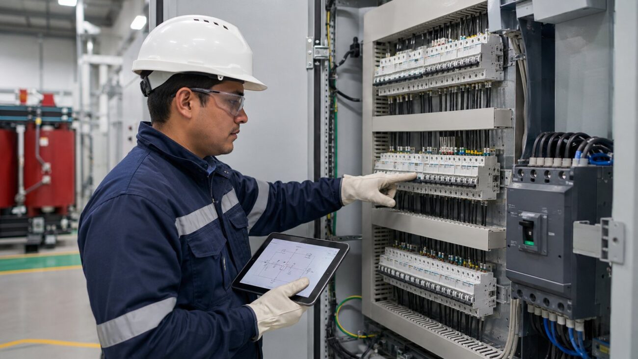 En RM Energía somos especialistas en Iluminación LED, Energía Solar y Materiales Eléctricos en Chile... | Comprar en RM Energía Técnico revisando interruptores automáticos y un interruptor de caja moldeada en un tablero eléctrico industrial, con el diagrama unilineal en la tablet