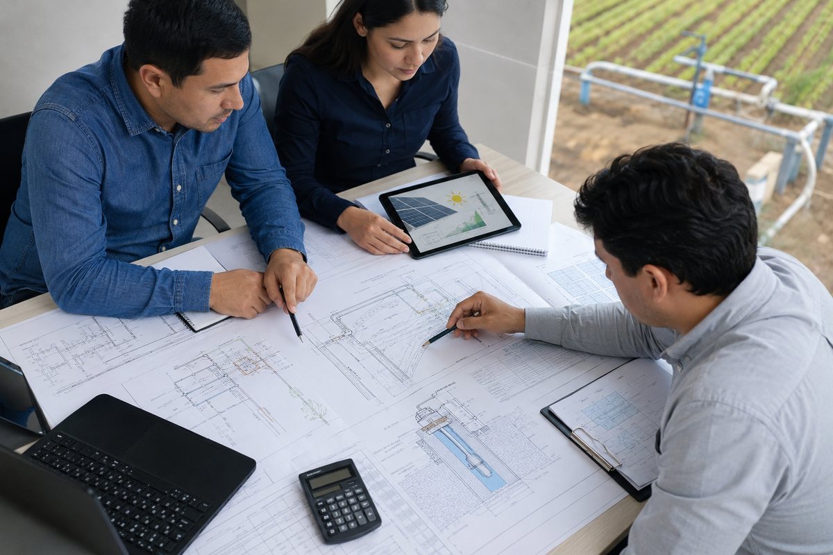 Equipo técnico revisando planos y consumo eléctrico durante el diagnóstico energético de una planta agroindustrial