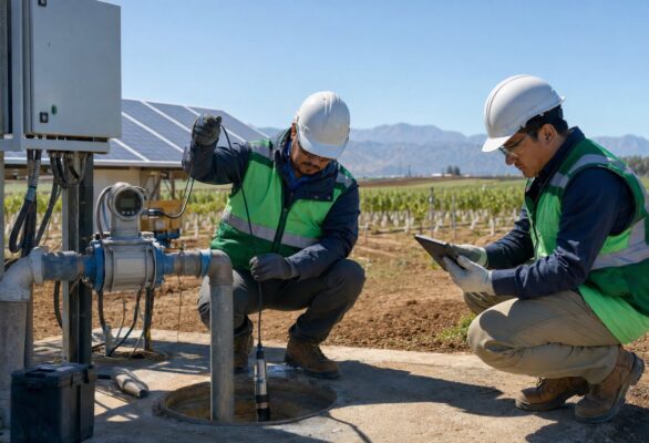 Técnicos midiendo el nivel dinámico de un pozo junto a un sistema de bombeo solar en un predio agroindustrial