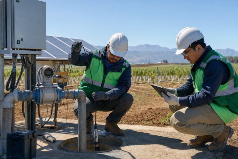 Técnicos midiendo el nivel dinámico de un pozo junto a un sistema de bombeo solar en un predio agroindustrial