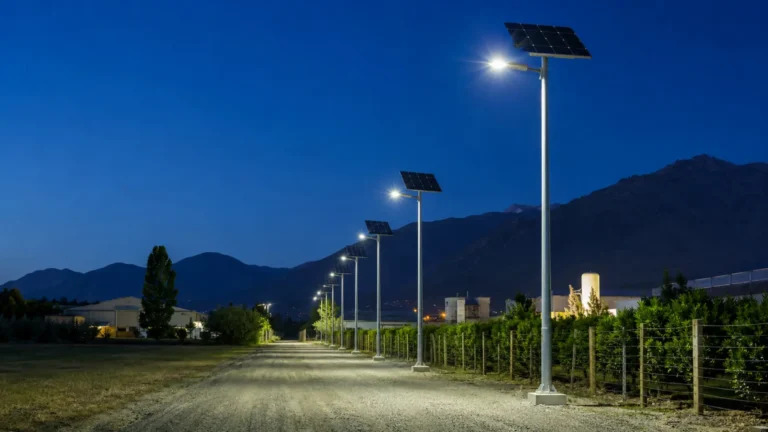Camino industrial iluminado de noche con luminarias solares autónomas sobre postes