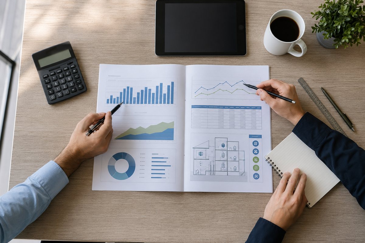 Vista cenital de un informe de auditoría energética abierto sobre una mesa, con gráficos de consumo, tablas y un esquema de la instalación