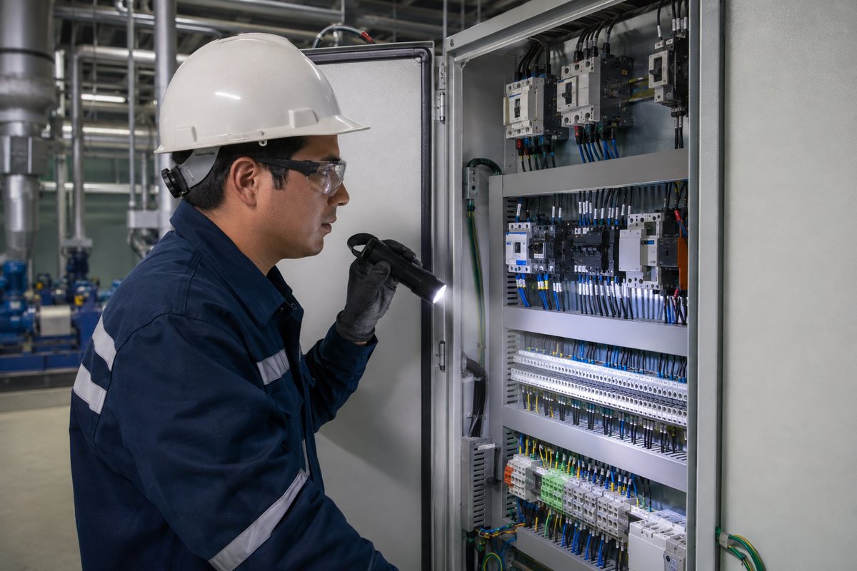 Técnico con casco, lentes de seguridad y guantes inspeccionando con una linterna el interior de un tablero eléctrico industrial con los conductores ordenados y rotulados
