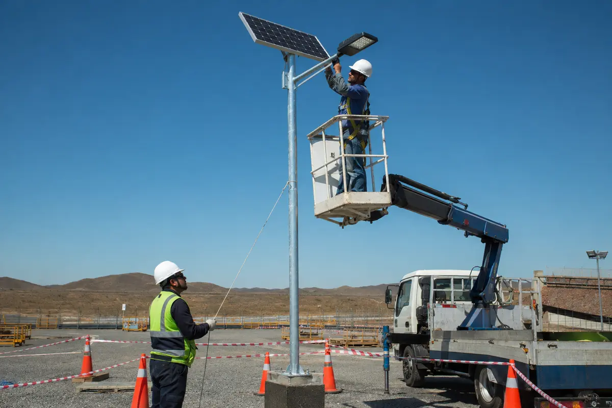 Montaje de una luminaria solar autónoma sobre poste con camión canasto y señalización de seguridad