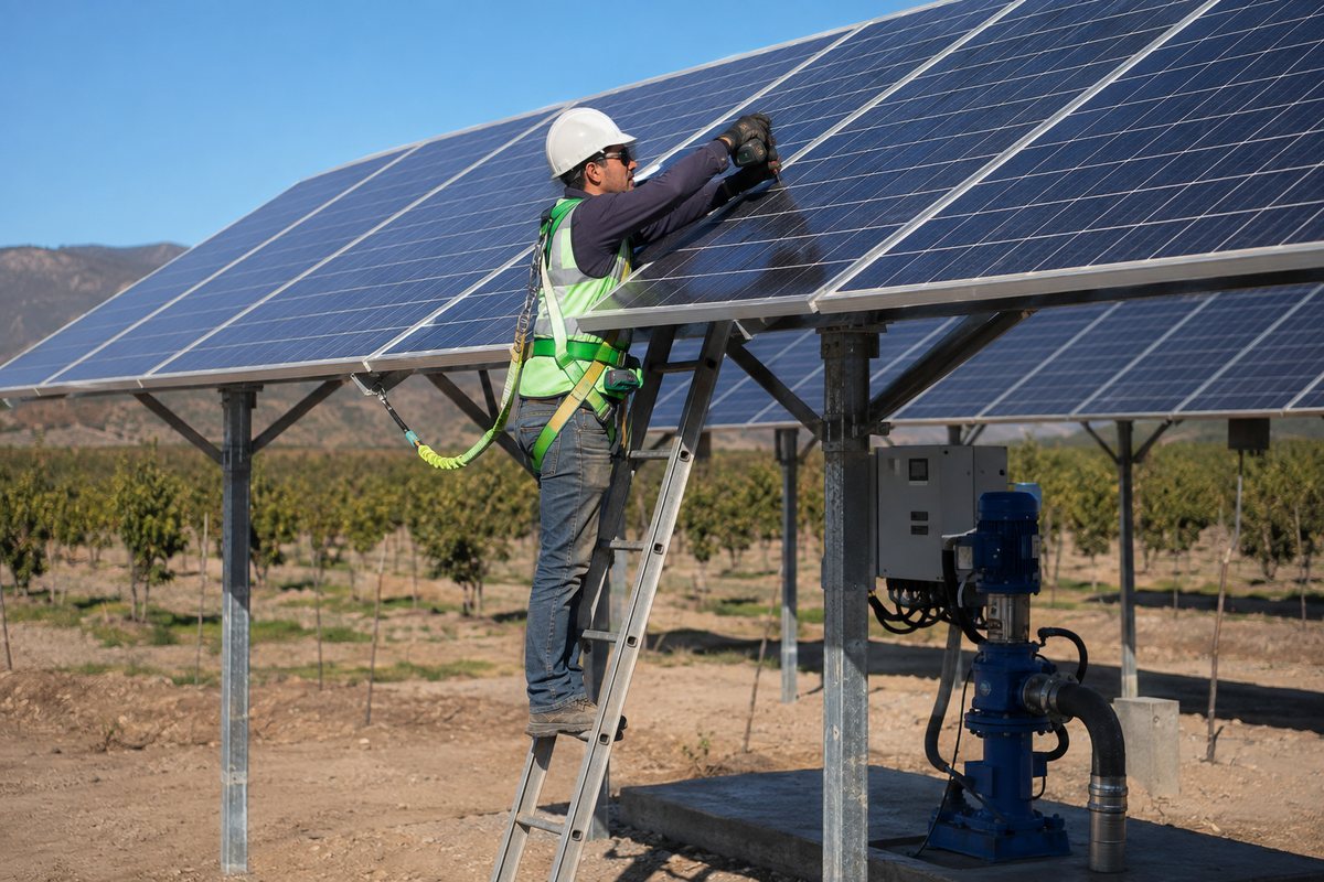 Instalación de paneles solares con arnés de seguridad sobre estructura, junto a la bomba de riego de un predio agrícola