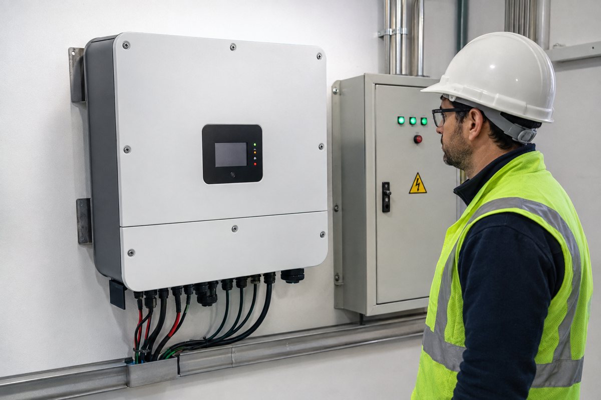 Beneficios de Instalar Paneles Solares en tu Empresa | Comprar en RM Energía Inversor solar montado en muro junto a un tablero eléctrico, con un técnico revisando la pantalla del equipo en una sala técnica