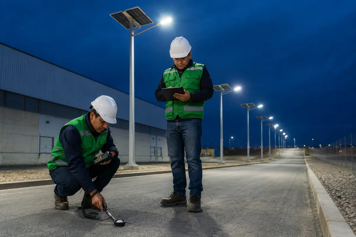 Medición del nivel de iluminación con luxómetro durante la puesta en marcha de luminarias solares