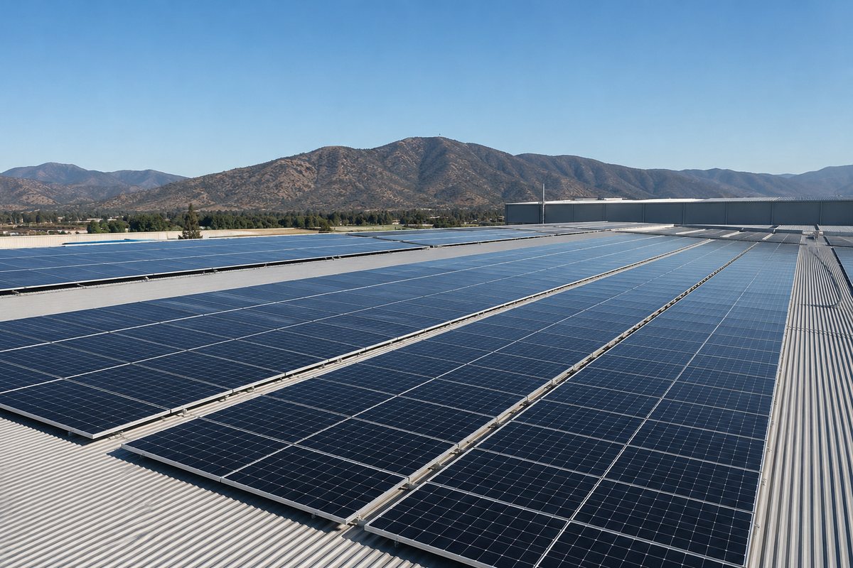 Beneficios de Instalar Paneles Solares en tu Empresa | Comprar en RM Energía Arreglo fotovoltaico instalado sobre la cubierta metálica de una nave industrial, con cerros y cielo despejado al fondo
