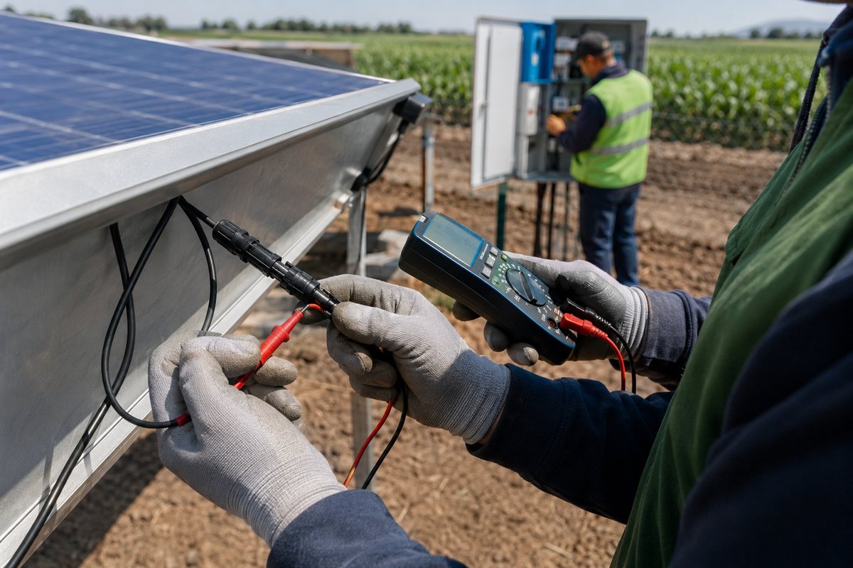 Verificación con multímetro de la generación de un sistema fotovoltaico de riego en terreno