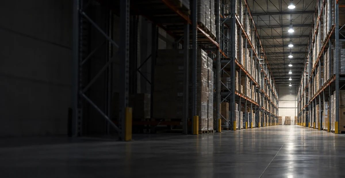Interior de nave logística con campanas LED industriales encendidas sobre el pasillo central entre estanterías de racking