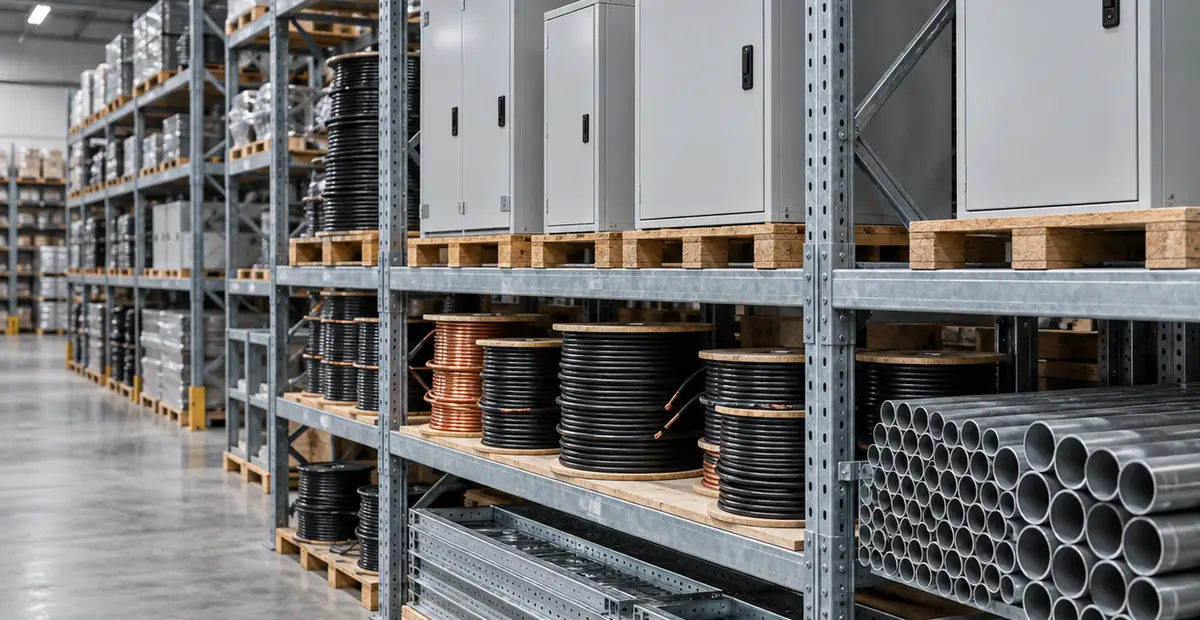 Bodega de materiales eléctricos con tableros, rollos de conductor y bandejas portacables ordenados en estantería