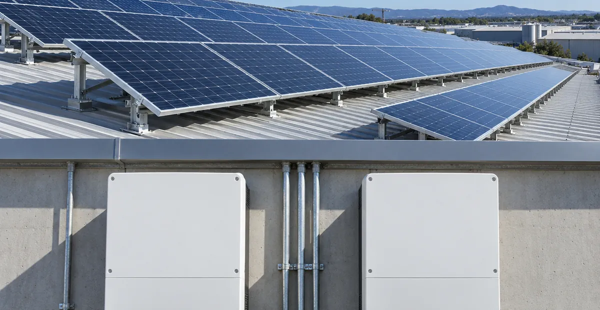 Cubierta industrial con paneles fotovoltaicos e inversores instalados en muro